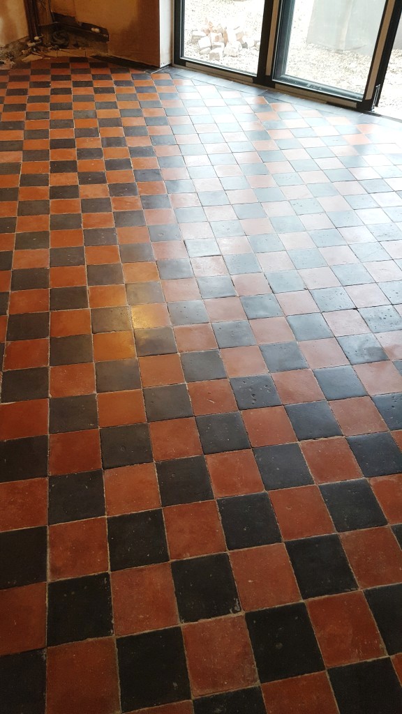 Red and Black Quarry Tiled Kitchen Floor After Cleaning and Sealing in Mobberly